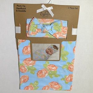 Baby Girl’s Blue & Peach Floral Print Headband & Swaddle Set